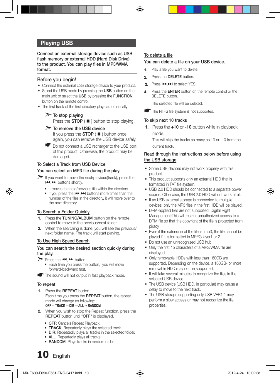 Playing usb | Samsung MX-E650-ZX User Manual | Page 10 / 16