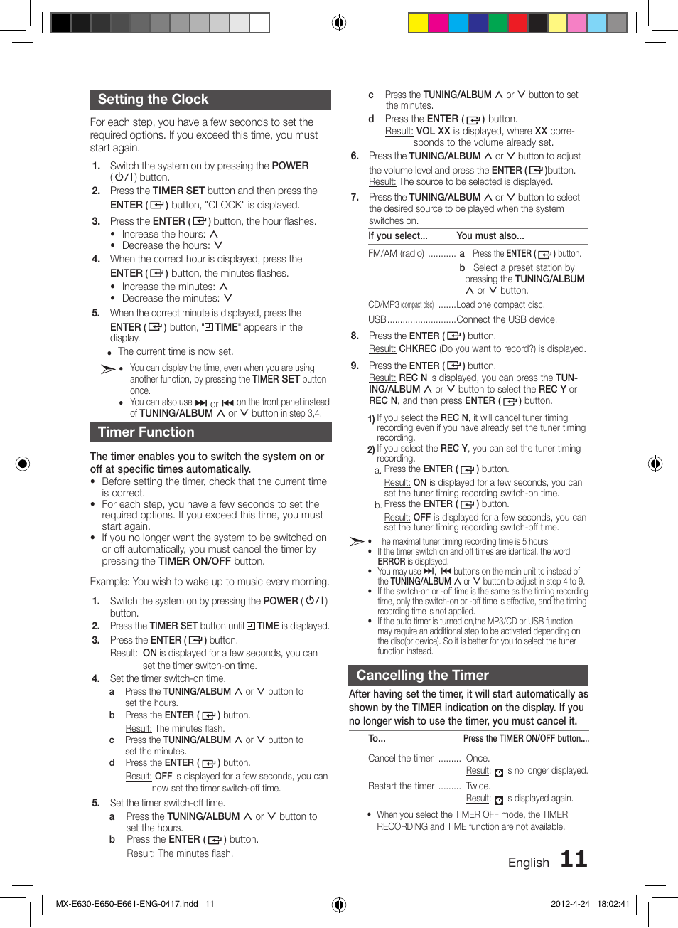 Setting the clock, Timer function, Cancelling the timer | Samsung MX-E650-ZX User Manual | Page 11 / 16
