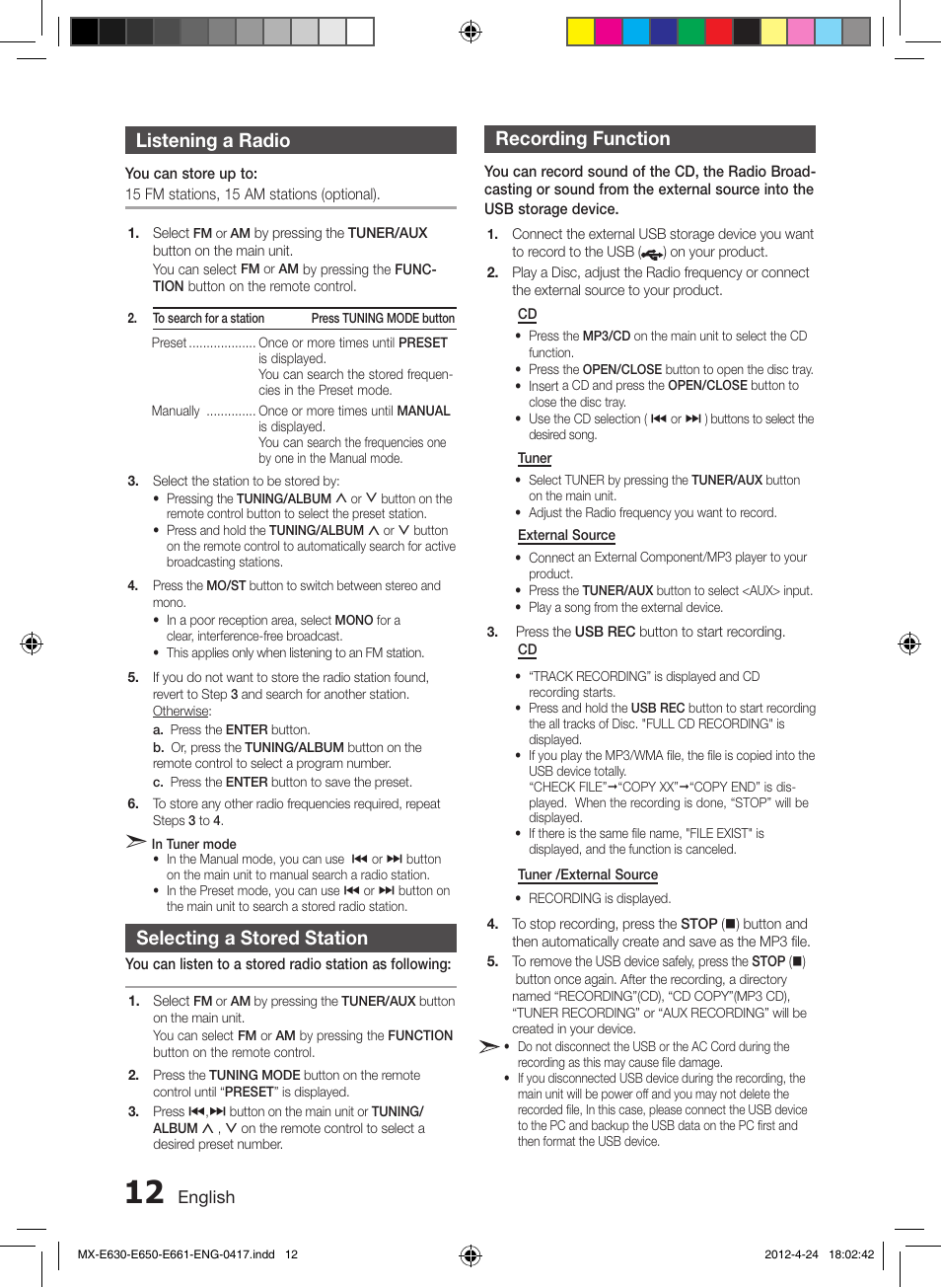 Listening a radio, Selecting a stored station, Recording function | Samsung MX-E650-ZX User Manual | Page 12 / 16
