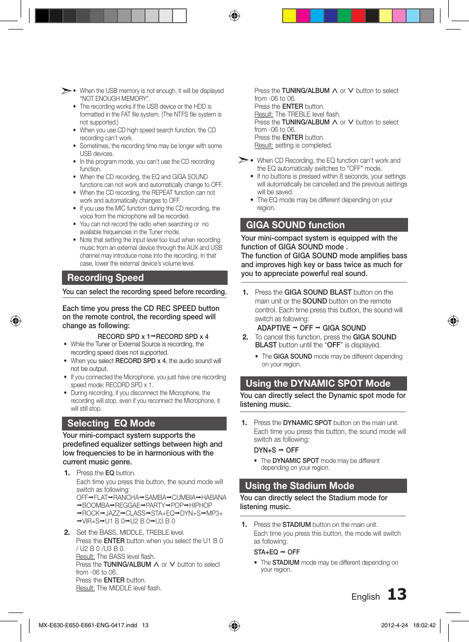 Recording speed, Selecting eq mode, Giga sound function | Using the dynamic spot mode, Using the stadium mode | Samsung MX-E650-ZX User Manual | Page 13 / 16