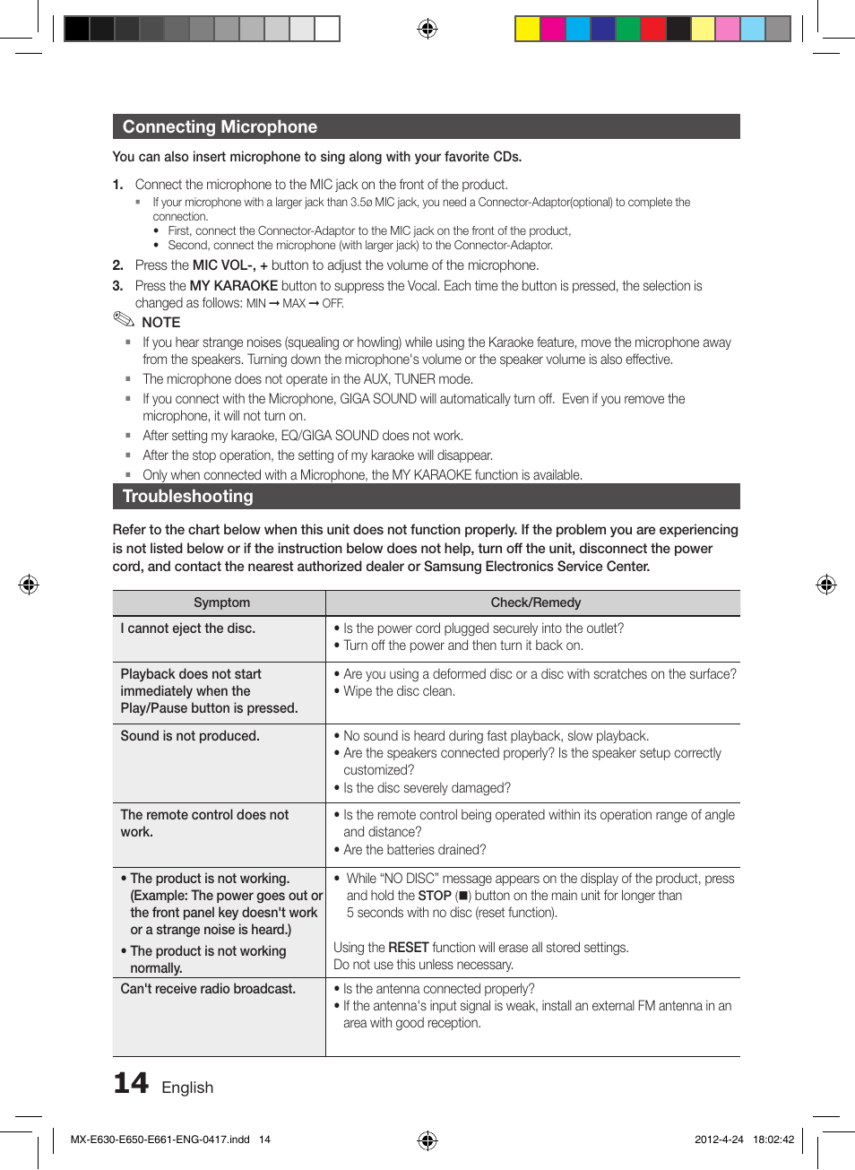Connecting microphone, Troubleshooting | Samsung MX-E650-ZX User Manual | Page 14 / 16