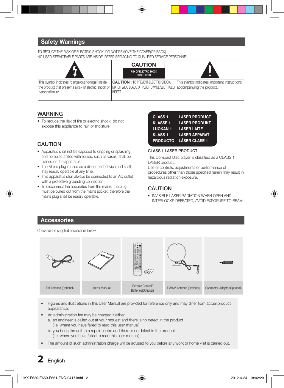 Safety warnings, Accessories | Samsung MX-E650-ZX User Manual | Page 2 / 16