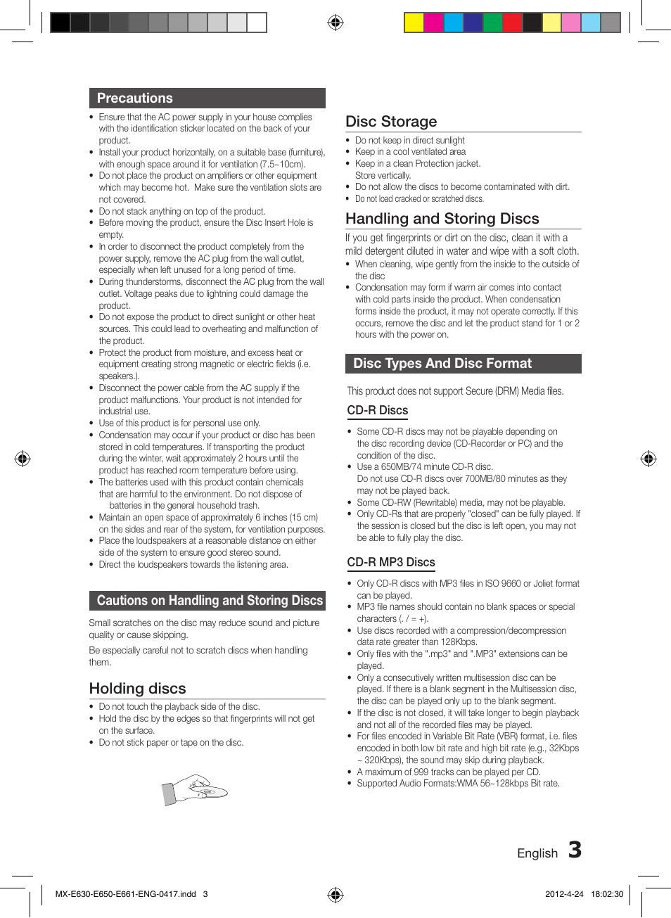 Precautions, Cautions on handling and storing discs, Disc types and disc format | Holding discs, Disc storage, Handling and storing discs | Samsung MX-E650-ZX User Manual | Page 3 / 16