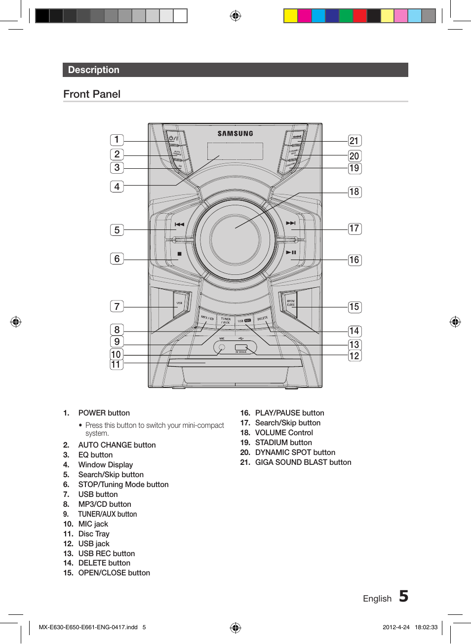 Description, Front panel | Samsung MX-E650-ZX User Manual | Page 5 / 16