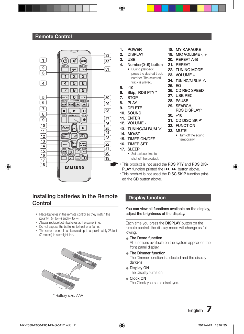 Remote control, Display function, Installing batteries in the remote control | Samsung MX-E650-ZX User Manual | Page 7 / 16