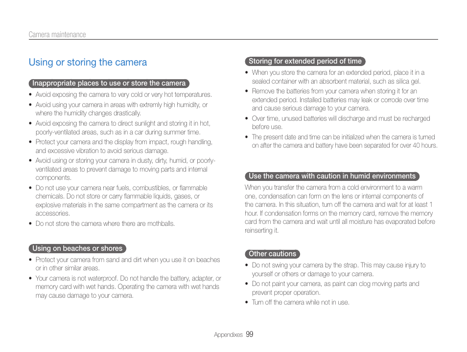 Using or storing the camera, Using or storing the camera ………………………… 99 | Samsung EC-DV100ZFPSCA User Manual | Page 100 / 122