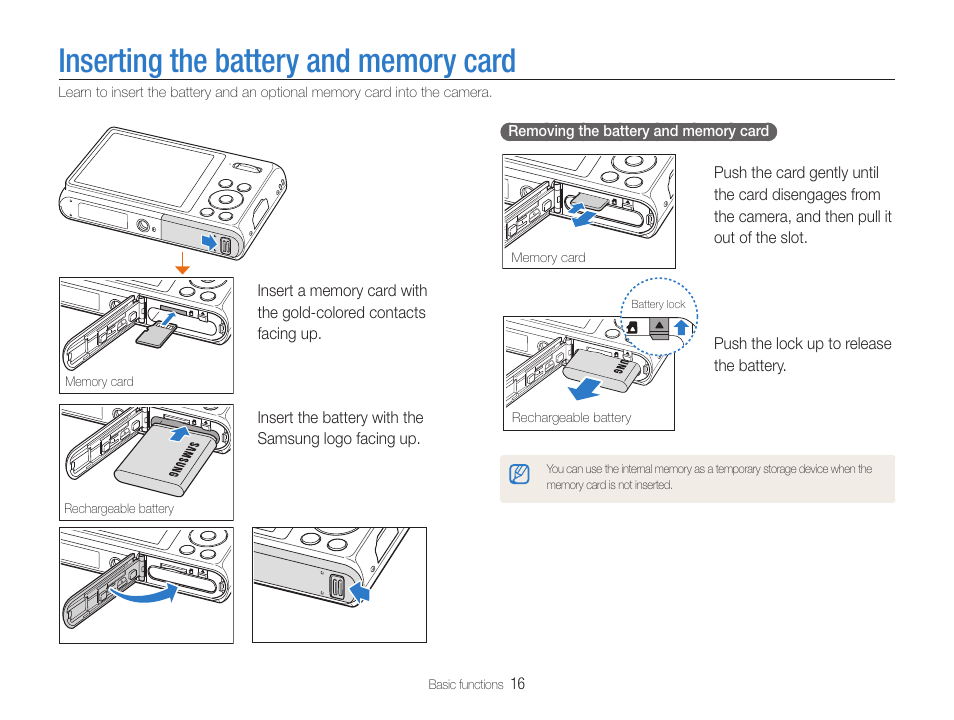 Inserting the battery and memory card | Samsung EC-DV100ZFPSCA User Manual | Page 17 / 122