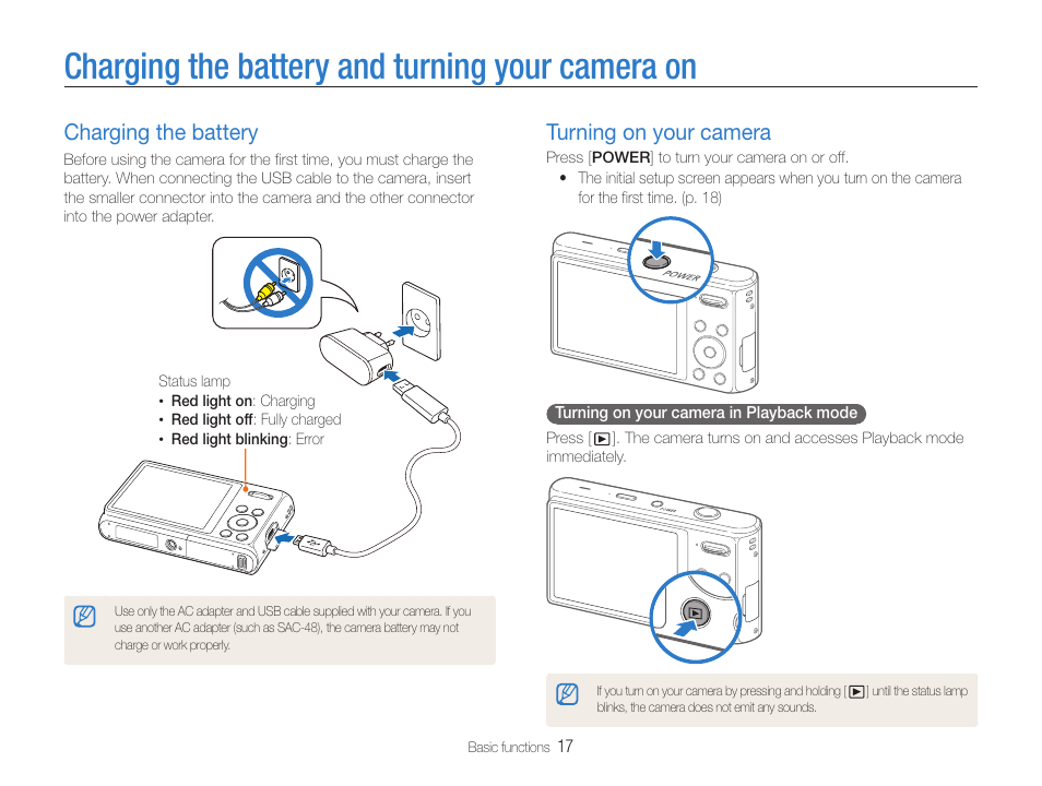 Charging the battery and turning your camera on, Charging the battery, Turning on your camera | Samsung EC-DV100ZFPSCA User Manual | Page 18 / 122