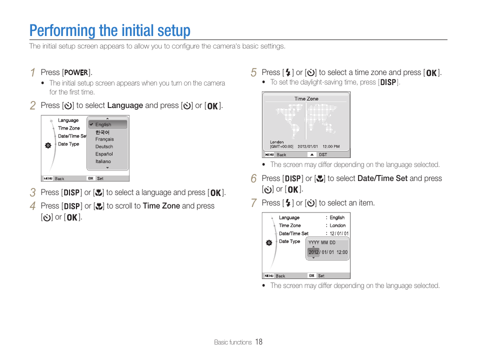 Performing the initial setup | Samsung EC-DV100ZFPSCA User Manual | Page 19 / 122