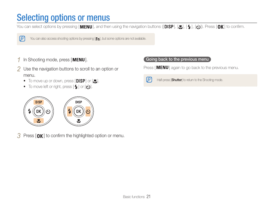 Selecting options or menus | Samsung EC-DV100ZFPSCA User Manual | Page 22 / 122