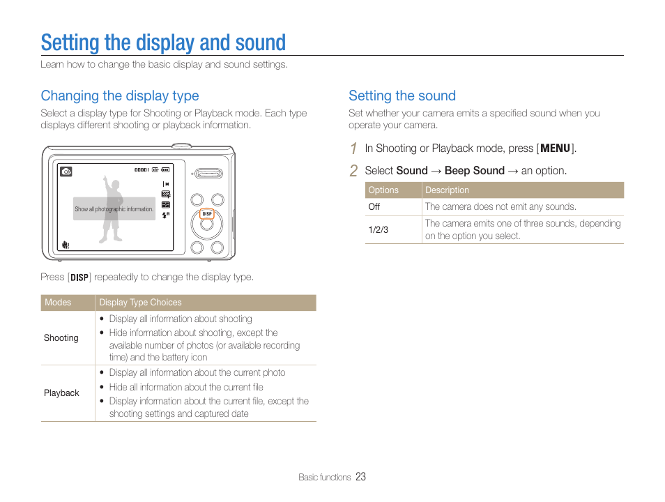 Setting the display and sound, Changing the display type, Setting the sound | Samsung EC-DV100ZFPSCA User Manual | Page 24 / 122