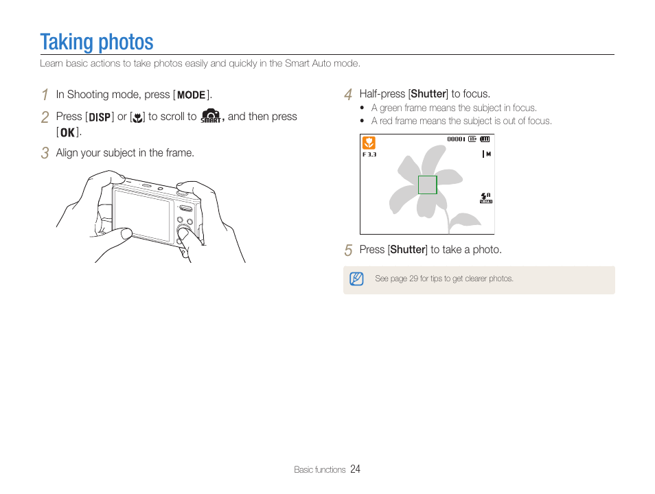 Taking photos | Samsung EC-DV100ZFPSCA User Manual | Page 25 / 122