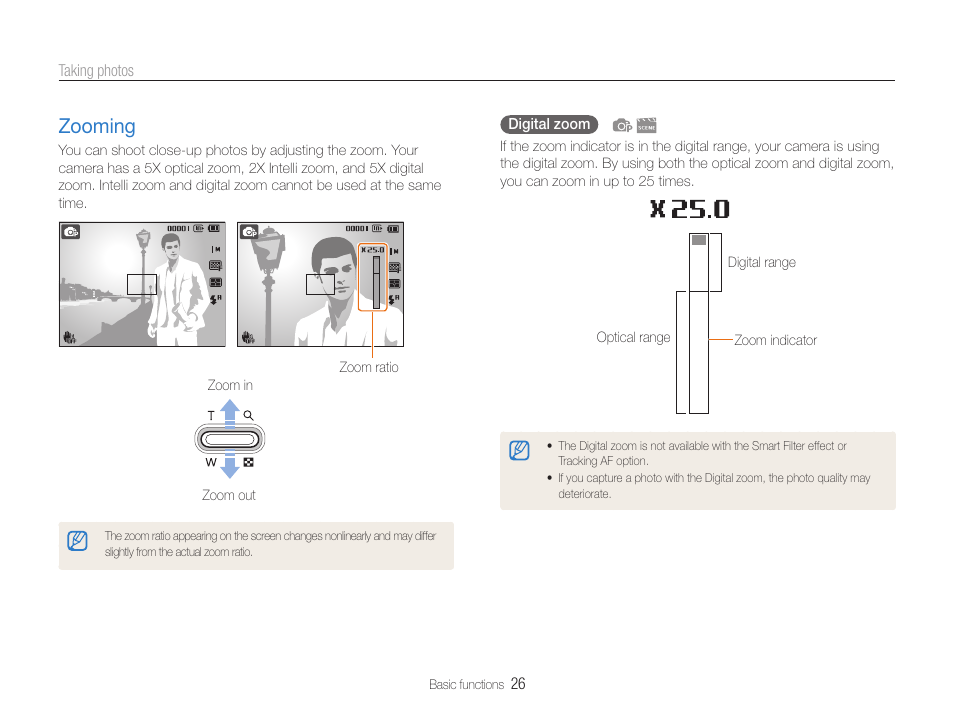 Zooming, Zooming ………………………………… 26 | Samsung EC-DV100ZFPSCA User Manual | Page 27 / 122