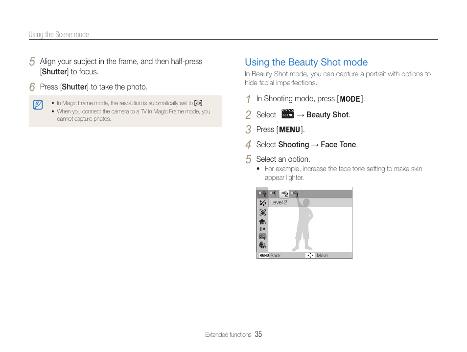 Using the beauty shot mode, Using the beauty shot mode …………… 35 | Samsung EC-DV100ZFPSCA User Manual | Page 36 / 122