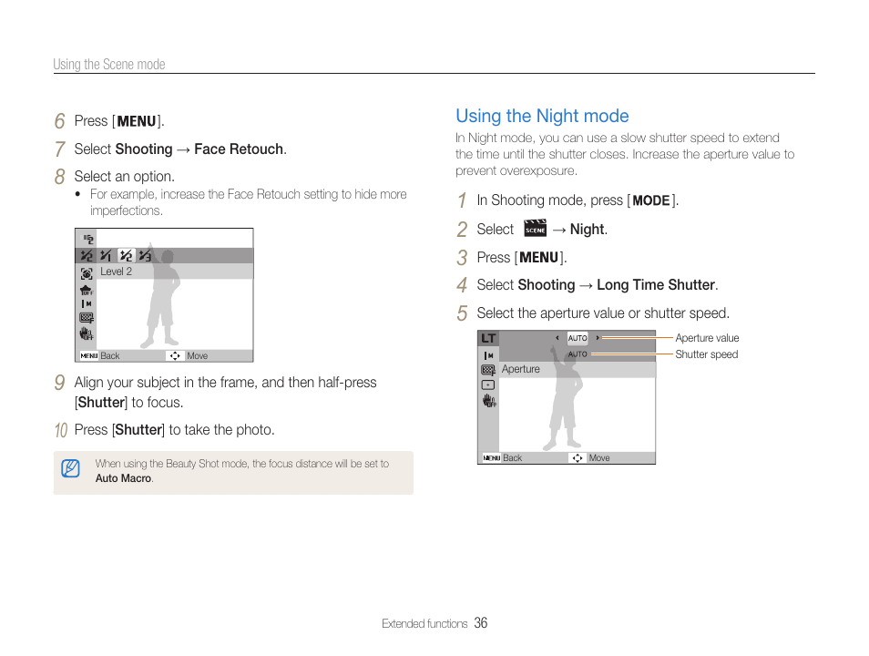 Using the night mode, Mode. (p. 36), Using the night mode …………………… 36 | Samsung EC-DV100ZFPSCA User Manual | Page 37 / 122