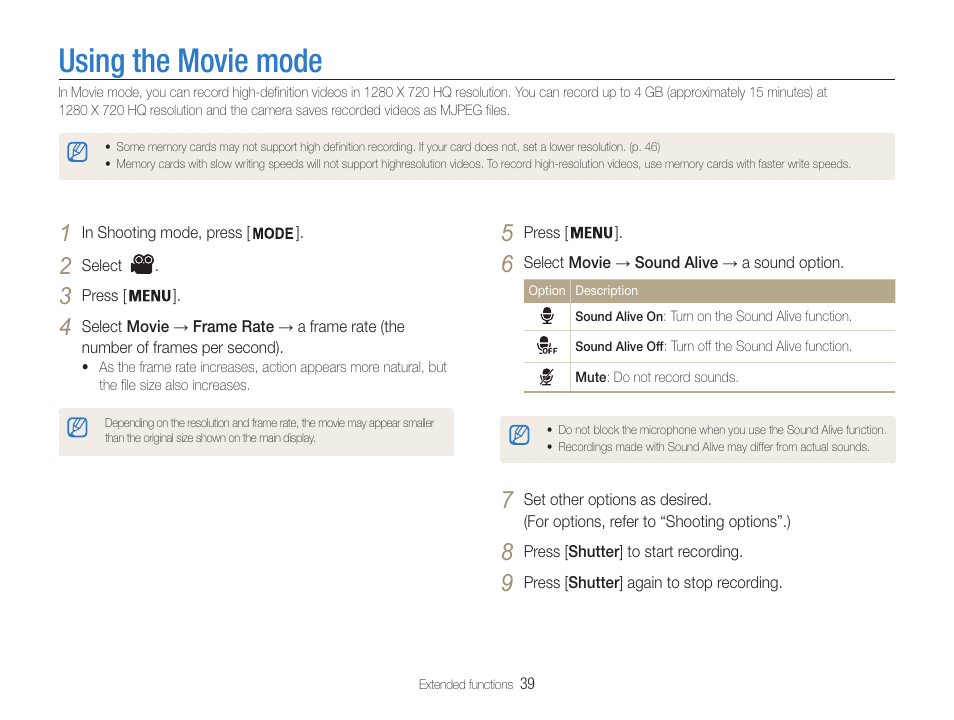 Using the movie mode | Samsung EC-DV100ZFPSCA User Manual | Page 40 / 122
