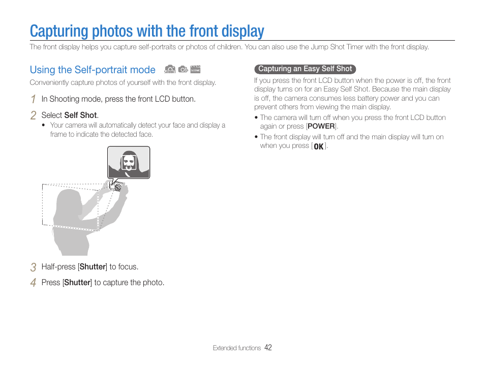 Capturing photos with the front display, Using the self-portrait mode, Using the self-portrait mode ……………… 42 | Samsung EC-DV100ZFPSCA User Manual | Page 43 / 122