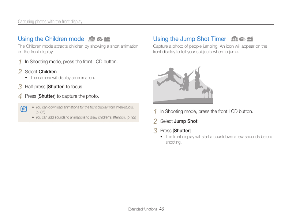 Using the children mode, Using the jump shot timer | Samsung EC-DV100ZFPSCA User Manual | Page 44 / 122