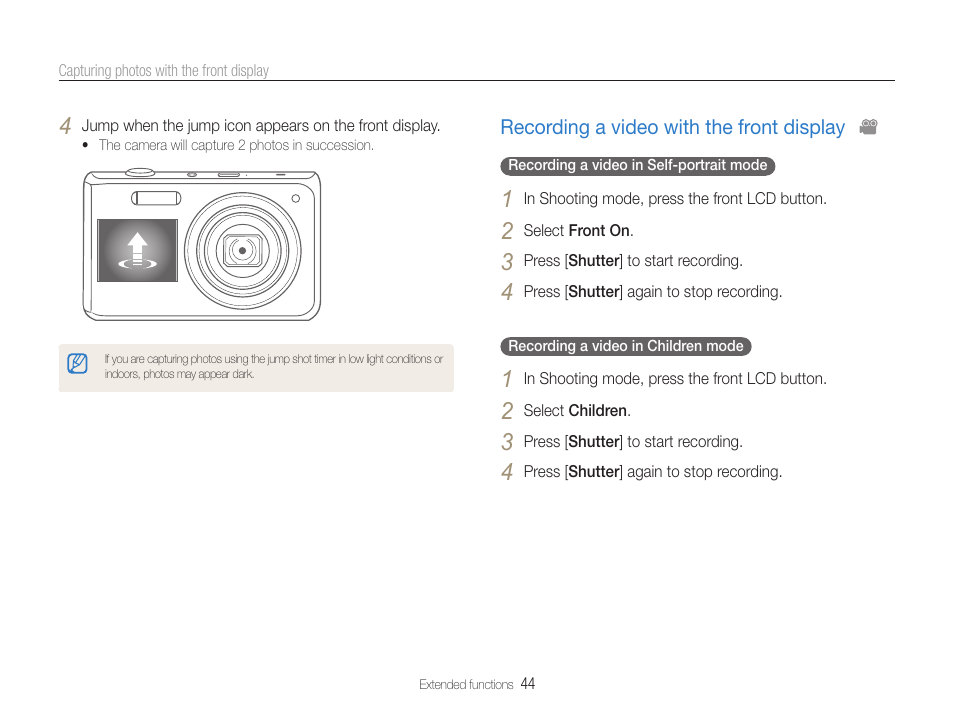 Recording a video with the front display, Recording a video with the front display … 44 | Samsung EC-DV100ZFPSCA User Manual | Page 45 / 122