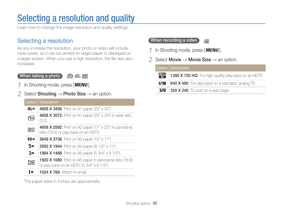 Selecting a resolution and quality, Selecting a resolution, Selecting a resolution …………………… 46 | Samsung EC-DV100ZFPSCA User Manual | Page 47 / 122