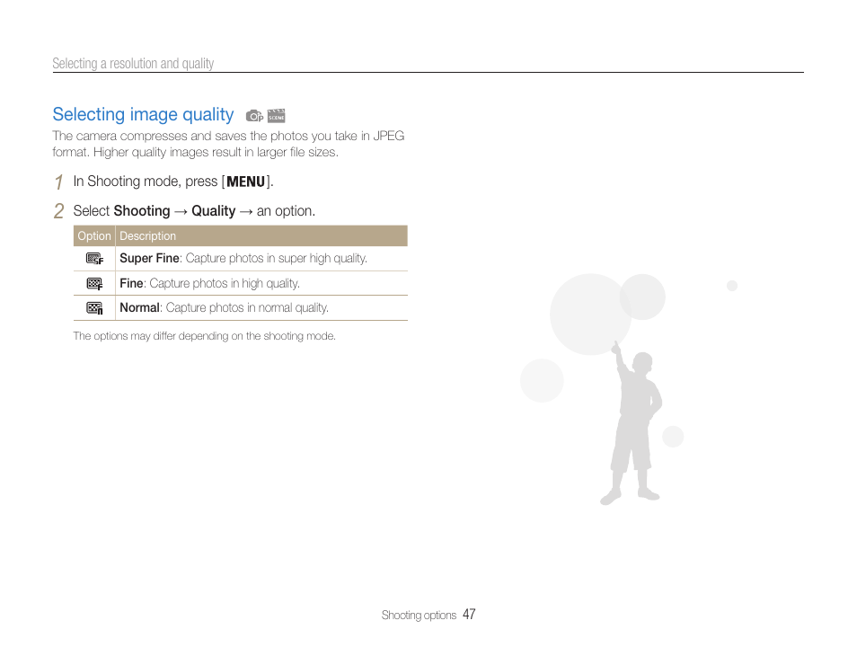 Selecting image quality, Selecting image quality …………………… 47 | Samsung EC-DV100ZFPSCA User Manual | Page 48 / 122