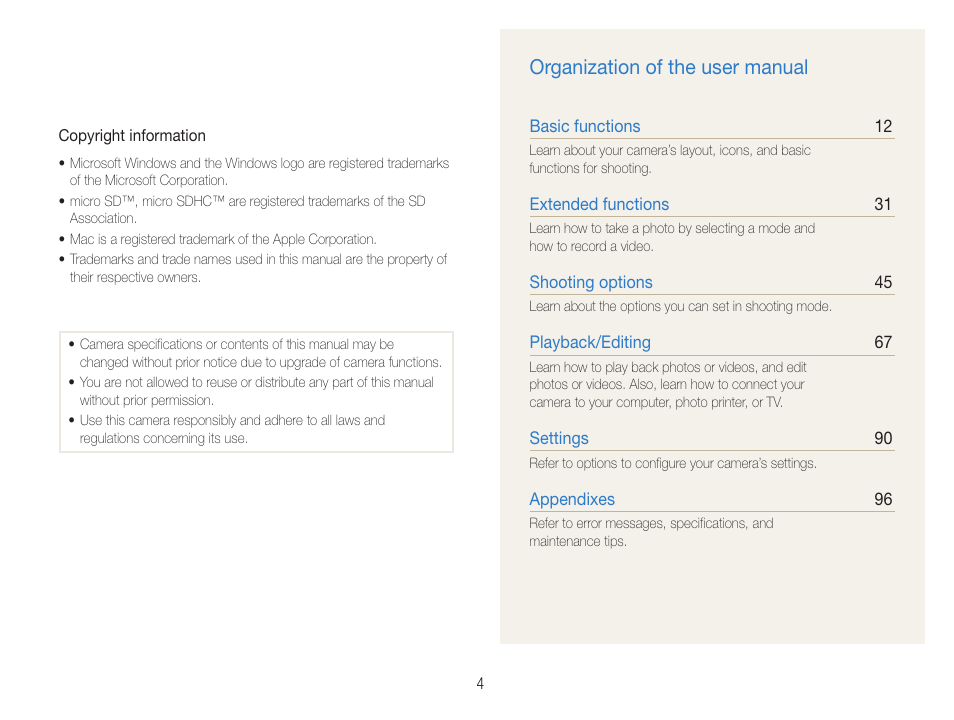 Organization of the user manual | Samsung EC-DV100ZFPSCA User Manual | Page 5 / 122