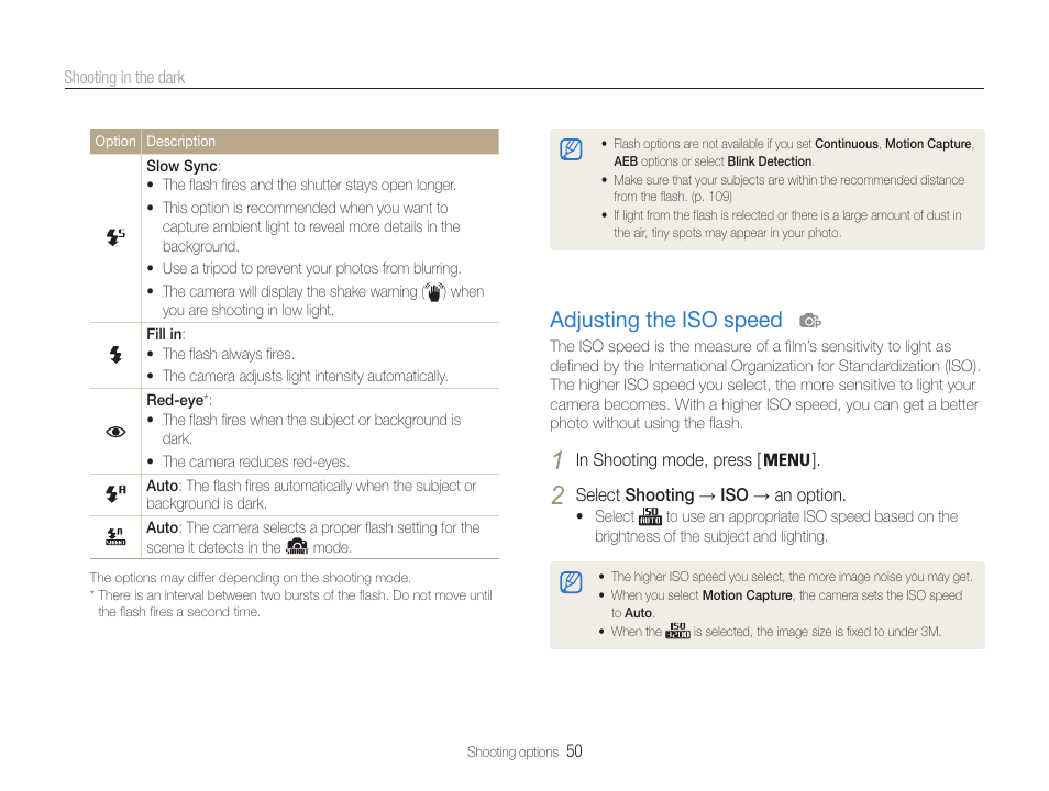 Adjusting the iso speed, Set iso speed options. (p. 50), Adjusting the iso speed ………………… 50 | Samsung EC-DV100ZFPSCA User Manual | Page 51 / 122