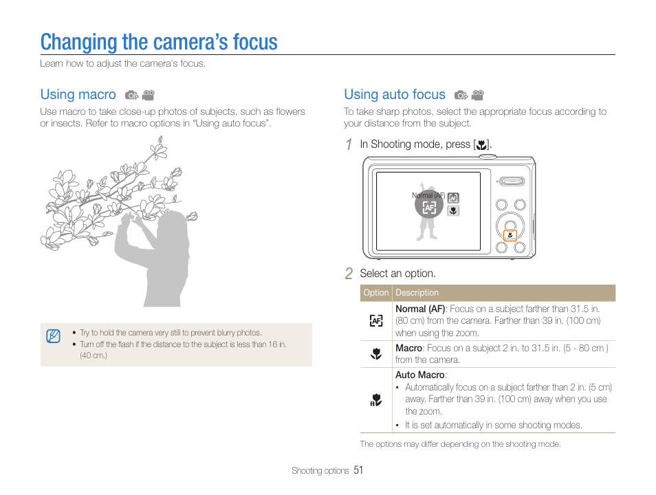 Changing the camera’s focus, Using macro, Using auto focus | Samsung EC-DV100ZFPSCA User Manual | Page 52 / 122