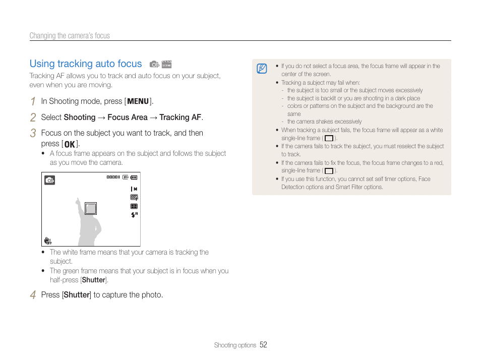 Using tracking auto focus, Using tracking auto focus ………………… 52 | Samsung EC-DV100ZFPSCA User Manual | Page 53 / 122