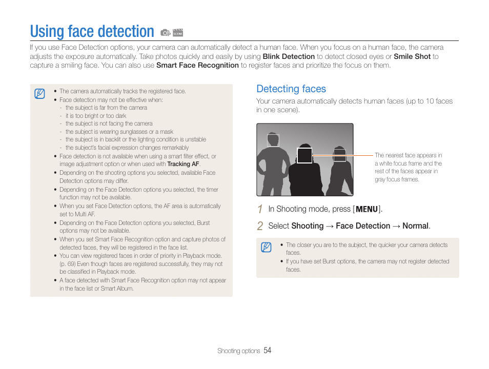 Using face detection, Detecting faces, Detecting faces …………………………… 54 | Samsung EC-DV100ZFPSCA User Manual | Page 55 / 122