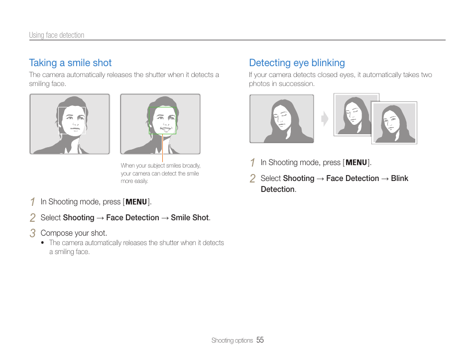 Taking a smile shot, Detecting eye blinking | Samsung EC-DV100ZFPSCA User Manual | Page 56 / 122