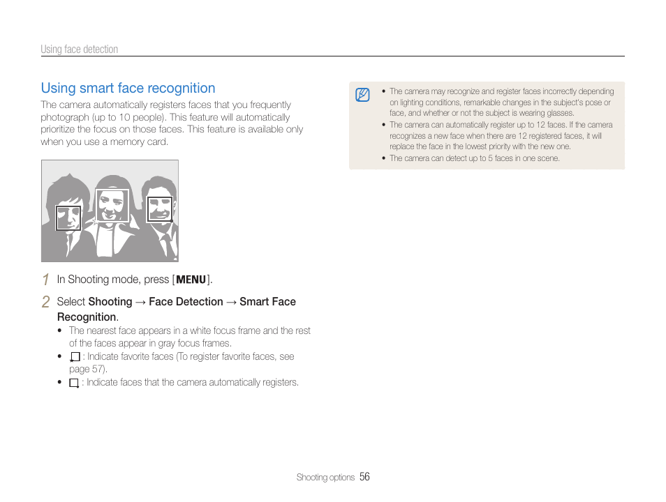 Using smart face recognition, Using smart face recognition …………… 56 | Samsung EC-DV100ZFPSCA User Manual | Page 57 / 122