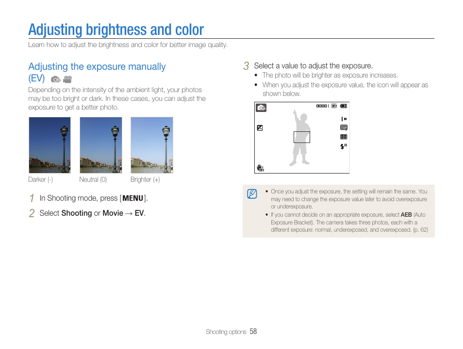 Adjusting brightness and color, Adjusting the exposure manually (ev), Adjust the exposure. (p. 58) | Adjusting the exposure manually (ev) …… 58 | Samsung EC-DV100ZFPSCA User Manual | Page 59 / 122