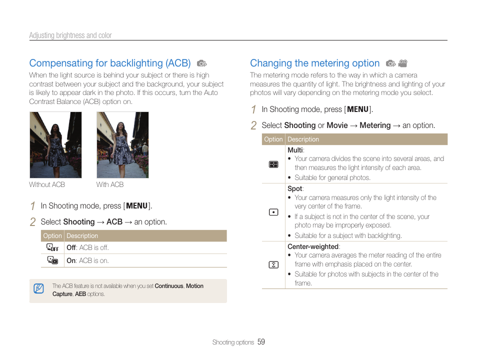 Compensating for backlighting (acb), Changing the metering option, Option. (p. 59) | Samsung EC-DV100ZFPSCA User Manual | Page 60 / 122