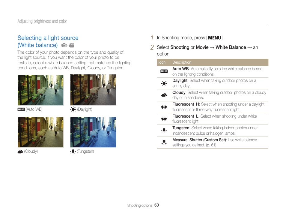 Selecting a light source (white balance), Selecting a light source (white balance) … 60 | Samsung EC-DV100ZFPSCA User Manual | Page 61 / 122