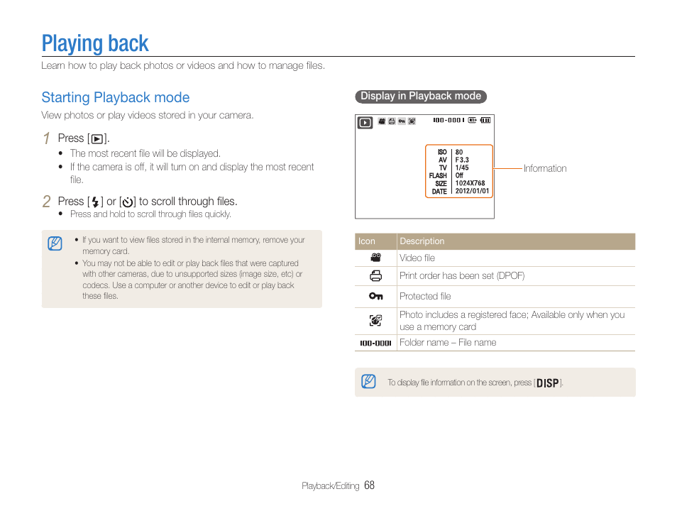Playing back, Starting playback mode, Starting playback mode ………………… 68 | Samsung EC-DV100ZFPSCA User Manual | Page 69 / 122