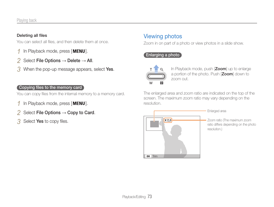 Viewing photos, Viewing photos …………………………… 73 | Samsung EC-DV100ZFPSCA User Manual | Page 74 / 122