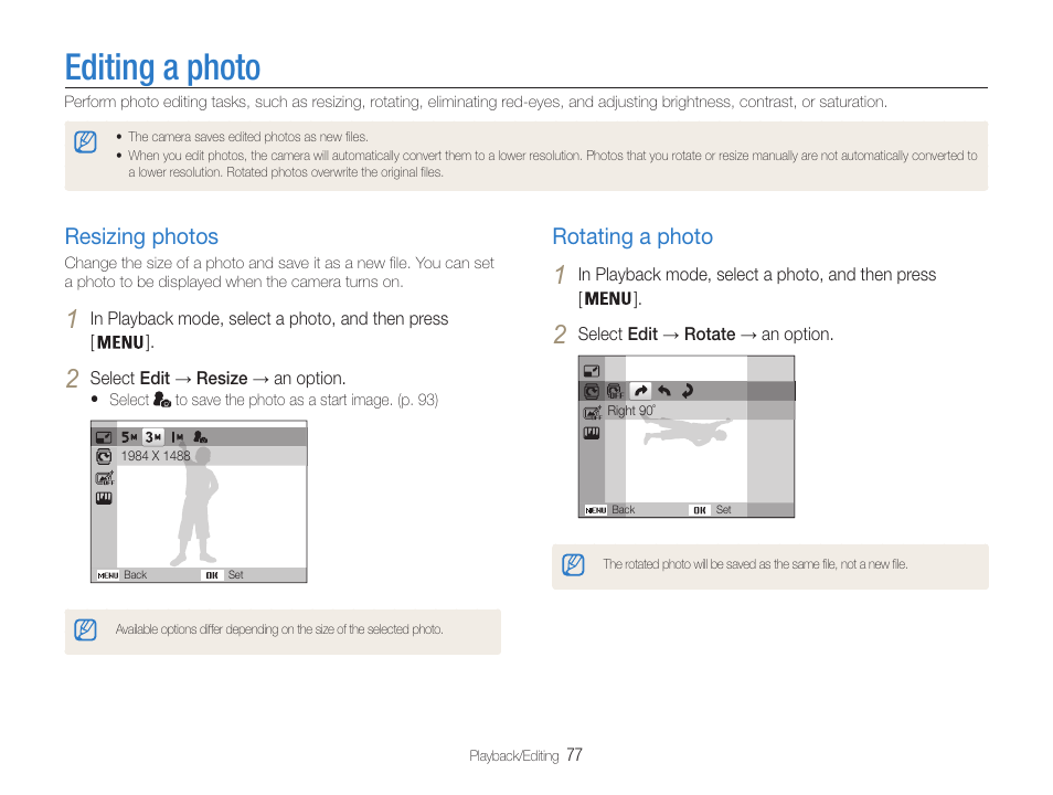 Editing a photo, Resizing photos, Rotating a photo | Samsung EC-DV100ZFPSCA User Manual | Page 78 / 122
