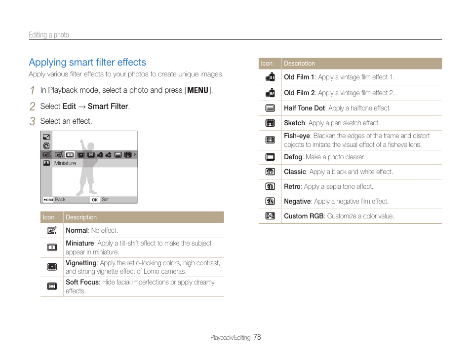 Applying smart filter effects, Applying smart filter effects ……………… 78 | Samsung EC-DV100ZFPSCA User Manual | Page 79 / 122