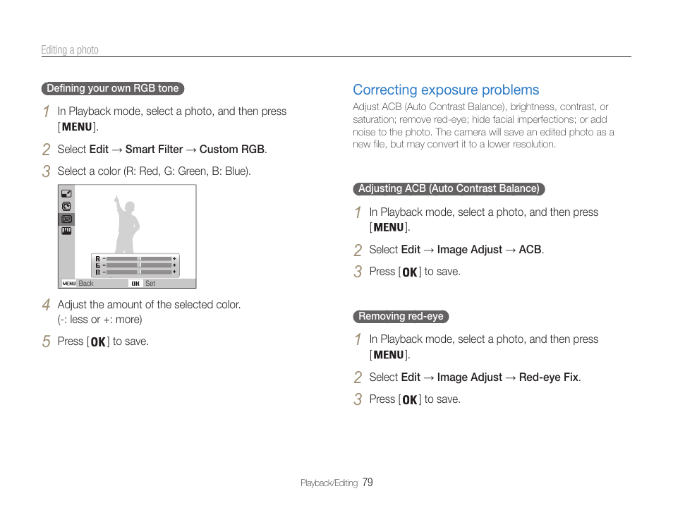 Correcting exposure problems, In the edit menu. (p. 79), Correcting exposure problems …………… 79 | Samsung EC-DV100ZFPSCA User Manual | Page 80 / 122