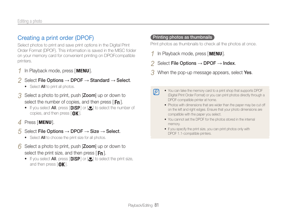 Creating a print order (dpof), Creating a print order (dpof) …………… 81 | Samsung EC-DV100ZFPSCA User Manual | Page 82 / 122