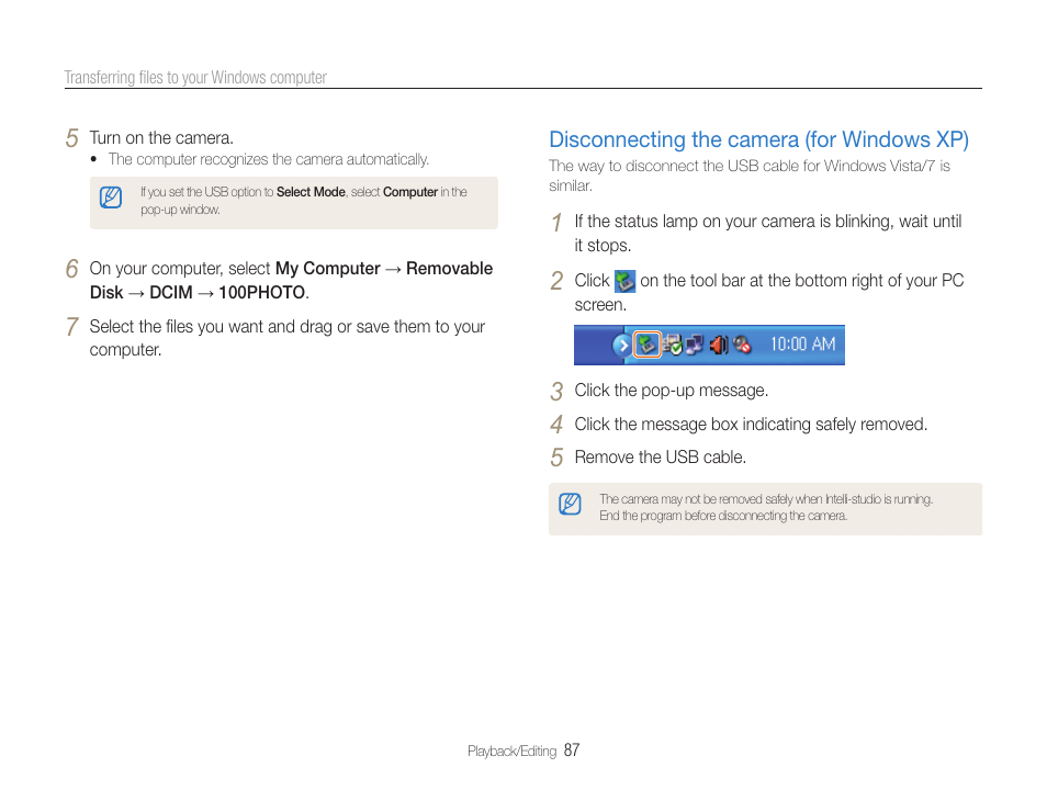 Disconnecting the camera (for windows xp) | Samsung EC-DV100ZFPSCA User Manual | Page 88 / 122