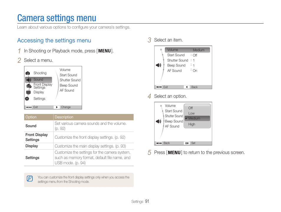 Camera settings menu, Accessing the settings menu, Accessing the settings menu ……………………… 91 | Samsung EC-DV100ZFPSCA User Manual | Page 92 / 122