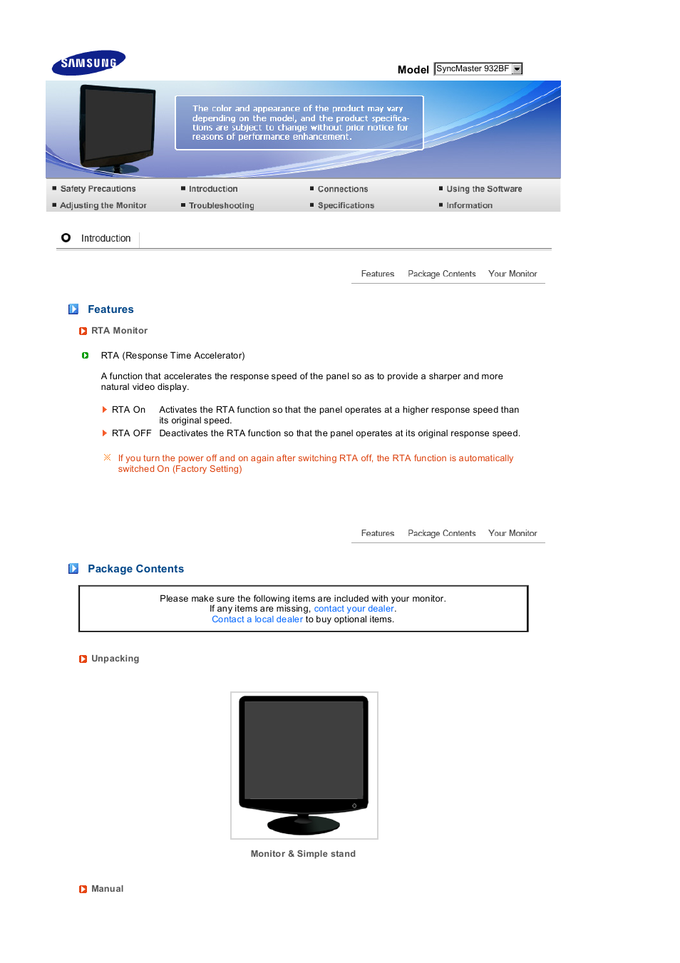 Features, Package contents | Samsung LS19PEDSFV-XAA User Manual | Page 13 / 58