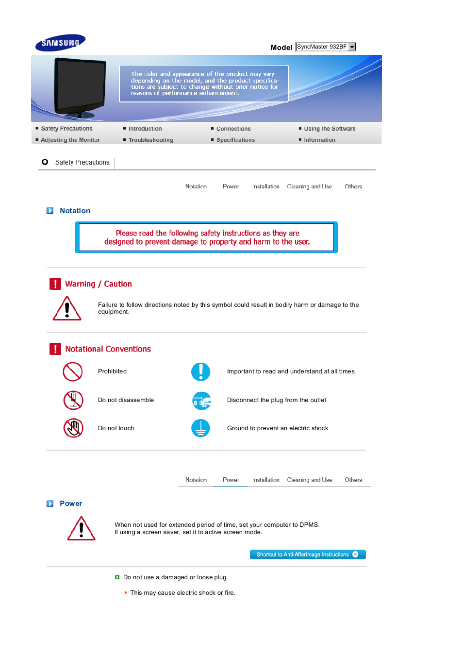 Safety precautions, Notation, Power | Samsung LS19PEDSFV-XAA User Manual | Page 2 / 58