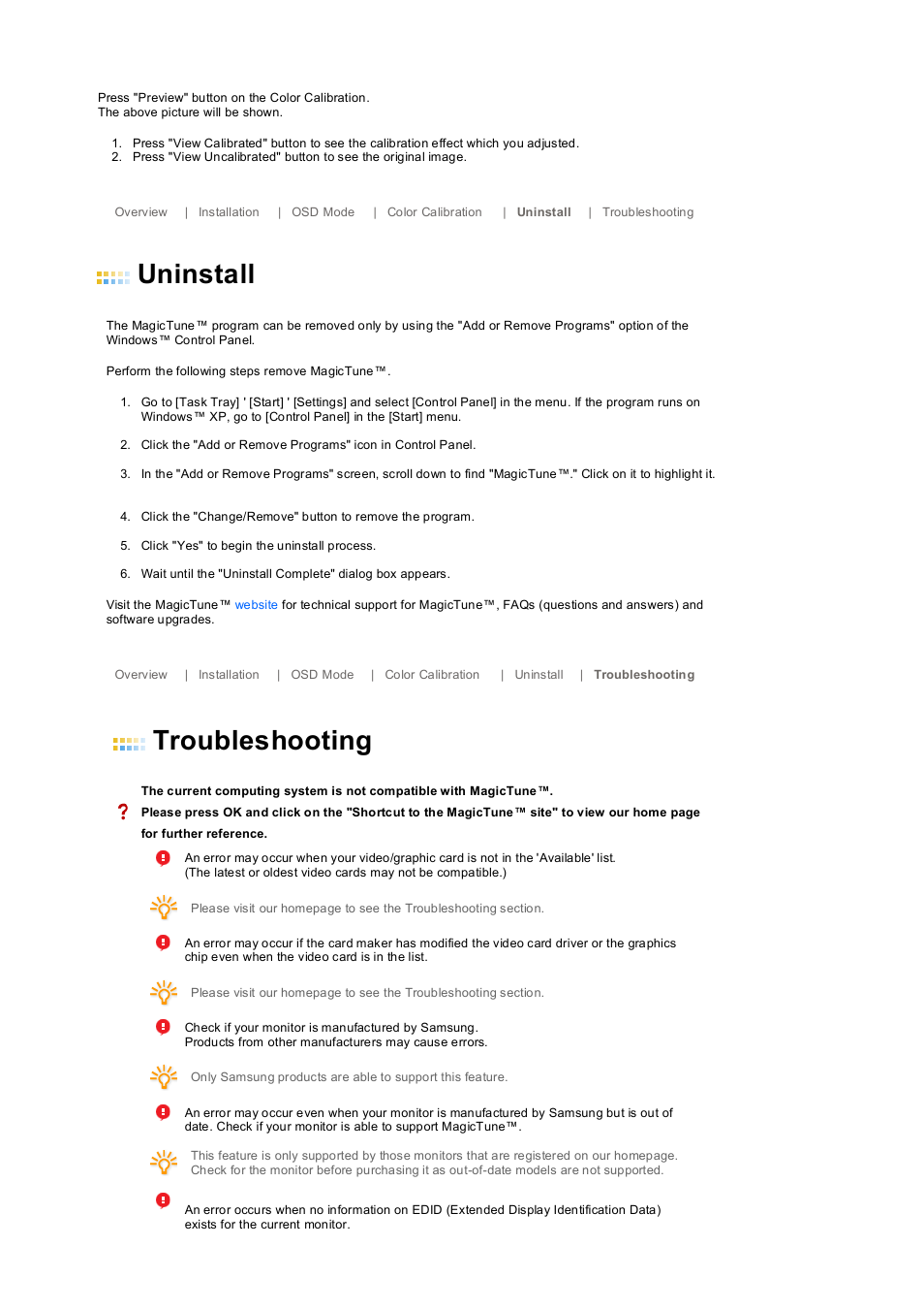 Uninstall, Troubleshooting | Samsung LS19PEDSFV-XAA User Manual | Page 31 / 58