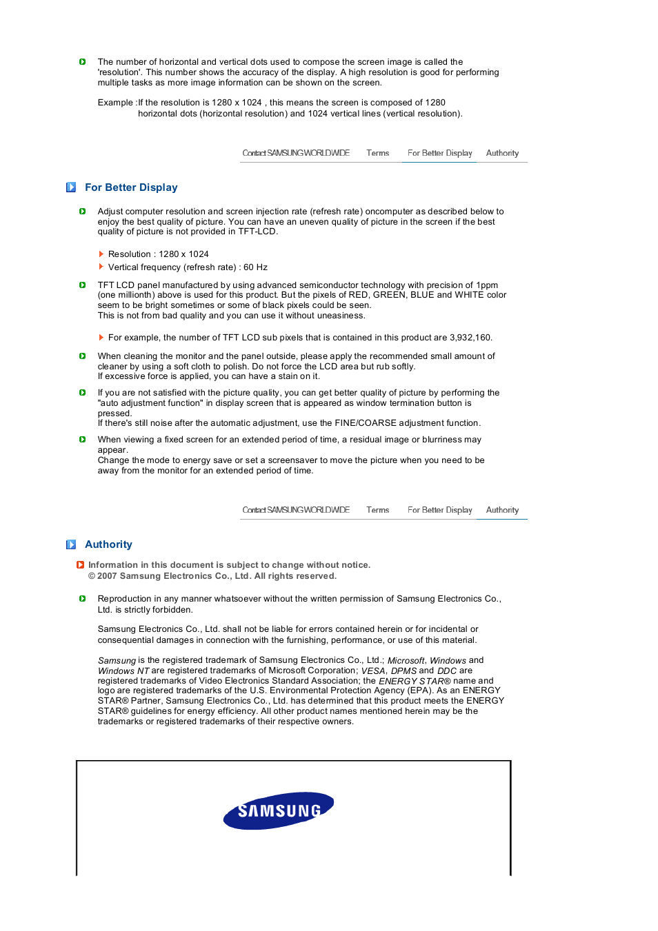 For better display, Authority | Samsung LS19PEDSFV-XAA User Manual | Page 57 / 58