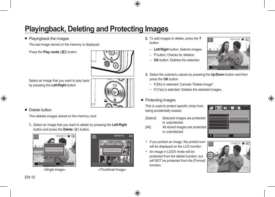 Playingback, deleting and protecting images, En-10, Protecting images | Playingback the images, Delete button | Samsung i8 User Manual | Page 10 / 184