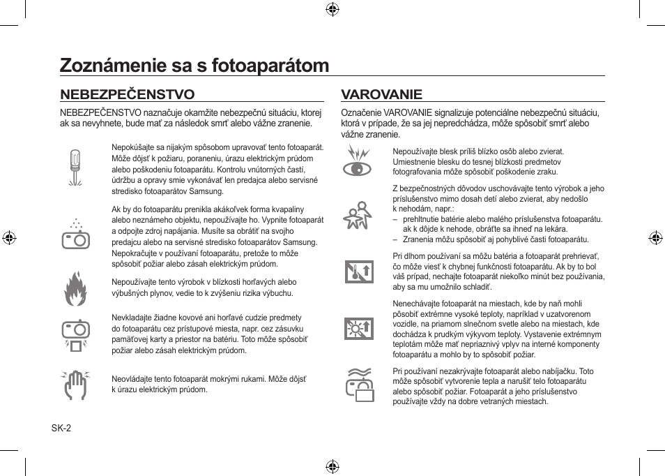 Zoznámenie sa s fotoaparátom, Nebezpečenstvo, Varovanie | Samsung i8 User Manual | Page 112 / 184