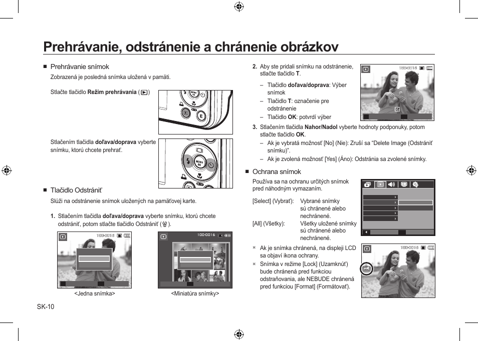 Prehrávanie, odstránenie a chránenie obrázkov, Sk-10, Ochrana snímok | Prehrávanie snímok, Tlačidlo odstrániť | Samsung i8 User Manual | Page 120 / 184